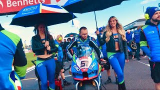 BSB Motorcycle GRID WALK includes ALL STAR RIDERS amp Bikes  Pit Garages at DONINGTON PARK Race Track [upl. by Heidy180]