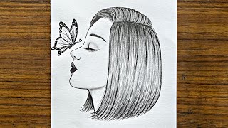 How to draw a girl with butterfly  Pencil Sketch for beginner  Easy drawings for beginners [upl. by Rolando]