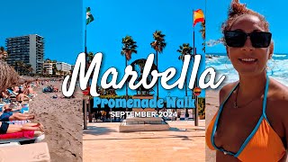 Marbella Spain PROMENADE WALK September 2024 BARS RESTAURANTS SHOPS BEACH [upl. by Lacram]