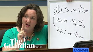 Katie Porter lambasts big pharma over cancer drug price hike using whiteboard calculations [upl. by Yrret]