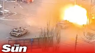 Footage appears to show Azov Battalion tanks firing down street in Mariupol Ukraine [upl. by Thayne]