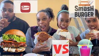 Swensons vs smash burger 🍔 foodie burger mukbang [upl. by Lyrak]