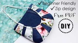 DIY Shoulder Bag Idea From Denim Cord and Fabric Free Template [upl. by Ayokal]