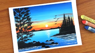 Easy Oil pastel Sunset Scenery painting for beginners  Oil Pastel Drawing Tutorial [upl. by Eahsram]