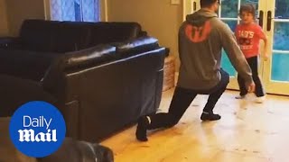 Hilarious moment adorable great dane copies owners lunges [upl. by Edylc]