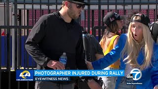 Video goes viral of Stafford reacting to photographer falling off stage at Super Bowl parade l ABC7 [upl. by Lezirg]