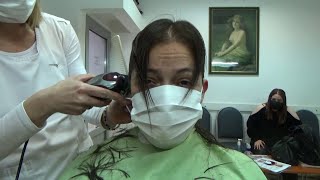 8401 Andjela buzzcut and forward shampoo in barbershop by female barber TRAILER [upl. by Nhaj375]