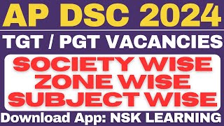 AP DSC TGT PGT SOCIETY WISE ZONE WISE SUBJECT WISE VACANCIES 2024 [upl. by Lisha]