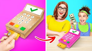 MOM MADE ME DIY CREDIT CARD MACHINE🤩  Coolest Hacks out of Cardboard by 123GO CHALLENGE [upl. by Atirec]