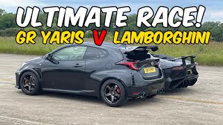 Crazy Drag Race 600hp GR Yaris v Lambo Aventador SV  Carwow [upl. by Illa]