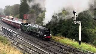 Goathland famous for Heartbeat and Harry Potter sees Eddystone 34028 leave for Pickering via NYMR [upl. by Ahsekyw619]