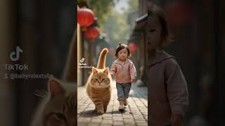 Huge fluffy cat and chinese baby girl baby cat chinacats fluffy fluffycat lovecats animals [upl. by Hannahsohs]