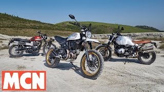 MCN Scrambler Group Test  Review  Motorcyclenewscom [upl. by Marentic487]