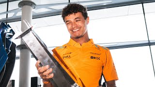 Celebrating Landos First Win  Lando Norris Brings The Miami Grand Prix Trophy Home [upl. by Worrell]