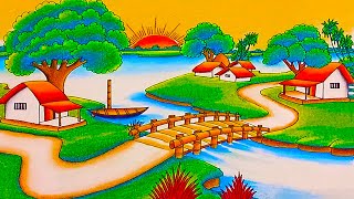 How to draw easy scenery drawing with oil pastel landscape village scenery drawing step by step [upl. by Eaj621]