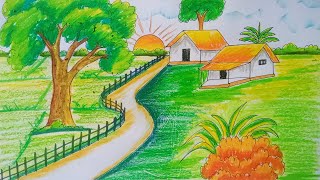 How to draw Riverside Village Scenery Step by stepEasy draw River village sunset drawing easy [upl. by Ennaimaj]