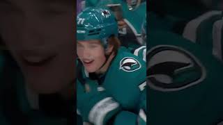 Celebrini can celly 1st NHL Goal on NHL Debut 😱🦈 [upl. by Anrak]