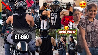 Bodybuilder Shirtless On GT650  Public Reactions😍💪  Loud Exhaust🥵  Bodybuilder Enter A Mall [upl. by Frederik926]