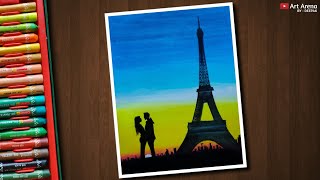 Eiffel Tower sunset scenery Drawing with Oil Pastels [upl. by Ymmas]