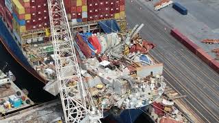 Drone at Dali in Baltimore Resolve works to clear the ship of Key Bridge debris after the Collapse [upl. by Enirod]