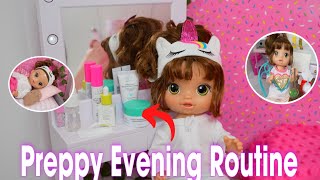 Baby Alive doll Preppy Evening Routine with Mini vanity and skincare routine [upl. by Meehyrb284]