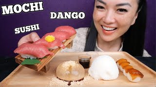 MOCHI  DANGO  RAINDROP JELLO  SUSHI ASMR EATING SOUNDS LIGHT WHISPERS  SASASMR [upl. by Linis]