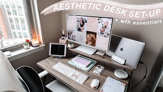 WORK FROM HOME DESK SET UP  aesthetic desk tour productive workspace wfh essentials [upl. by Tati331]