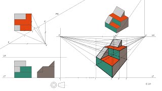 Perspectiva Cónica Oblicua por el Método del Arquitecto Vistas dadas en Tercer Cuadrante [upl. by Eidderf]