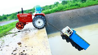 New Dump Truck And Tata Signa Truck Accident  Waterfall River Pulling Out Crane Swaraj Tractor 4WD [upl. by Terrie]