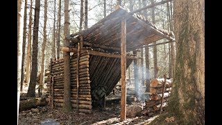 Solo Bushcraft Overnight in my Semi Permanent Bush Shelter Fire Inside Building the Front Wall [upl. by Ferino331]