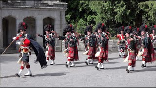 Black Watch Pipes and Drums lead the Royal Guard out of Balmoral Castle with pony mascot Cruachan IV [upl. by Claudette]