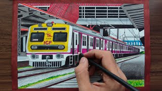 Drawing Mumbai local train halted at railway station  Bombardier rake  Central Railways [upl. by Llerrod]