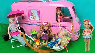 Anna and Elsa Toddlers Camping  Pool Party Barbie Glam Camper Van Morning Routine Chelsea Toys Doll [upl. by Nikolai]