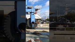 Hauling out a 50ft Aluminium Crowther Catamaran Sailboat for a Marine Survey [upl. by Ahsaeyt953]