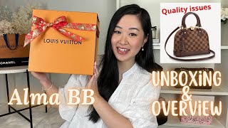 LOUIS VUITTON ALMBA BB DAMIER EBENE UNBOXING 2022  FIRST IMPRESSIONS QUALITY ISSUES amp MOD SHOTS [upl. by Aiyram]