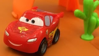 Disney Cars Micro Drifters Lightning McQueen at the Dirt Racing Track [upl. by Aderfla]