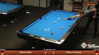 Joshua Filler GER v Oliver Ortmann GER  Last 64  TOR SERVICE 24  BILLARD BECKMANN Open 2017 [upl. by Nylkaj]