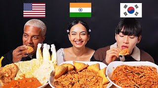 American and Korean Tries INDIAN FOOD For The First Time SAMOSABIRYANICURRYNAAN ASMR MUKBANG [upl. by Sheley]