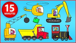 Construction Trucks for Kids  Excavator Backhoe Helicopter Cartoon Compilation for Kids [upl. by Llerrac]