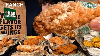 ASMR MUKBANG WINGSTOP CRISPY CHICKEN TENDERS BONELESS WINGS amp FRENCH FRIES  WITH RANCH amp CAJUN CORN [upl. by Eraste]