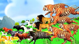 5 Tigers Attack on The Lion animal revolt battle Bull Cow and Horse saves lion from 5 wild tigers [upl. by Bove228]