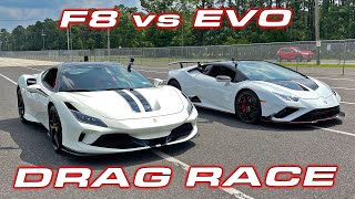 Time to sell the EVO  Lamborghini Huracan Rear Wheel Drive vs Ferrari F8 Tributo Drag Race [upl. by Kemble577]