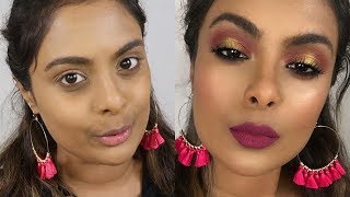 Indian Wedding Guest Makeup Tutorial  Pink amp Gold Halo Smokey Eyes For Christmas Party [upl. by Enuahs356]