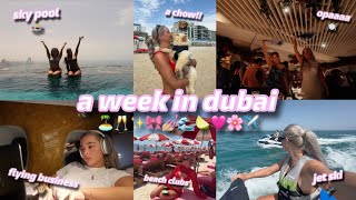 a week in dubai 🌞  girls trip  flying business aura skypool beach clubs dubai floods amp more [upl. by Ineslta]