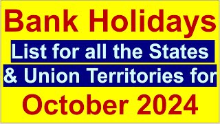 List of Bank Holidays for all States and Union Territories in October 2024 [upl. by Aleciram165]