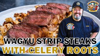 Panseared Wagyu NY Strip Steak with Roasted Celery Roots [upl. by Elbag491]