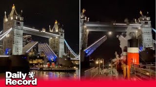 The Waverley paddle steamer passes under Londons Tower Bridge before heading back to Glasgow [upl. by Nere]