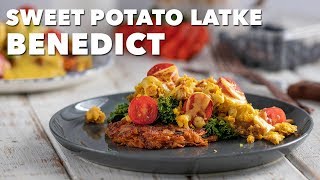 Sweet Potato Latke Benedict w Chickpea Scramble  HowToVeganTheHolidays [upl. by Llesig]