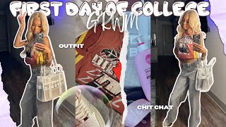 GRWM FIRST DAY OF SCHOOL COLLEGE EDITION  outfit chit chat hair pack bag [upl. by Burris394]