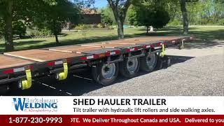 Shed Moving Trailer with hydraulic lift rollers and side walking axles [upl. by Darahs728]